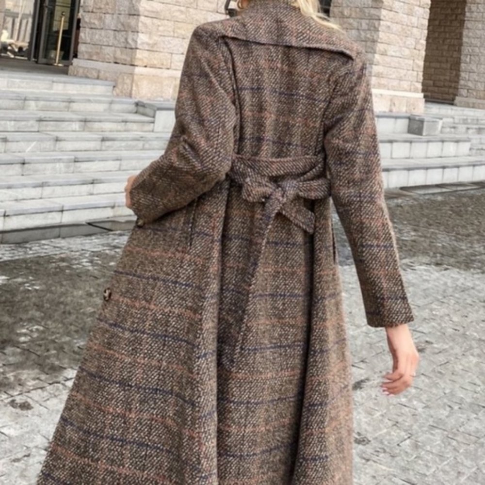 Tweed plaid brown casual trench coat jacket - Picture 6 of 10
